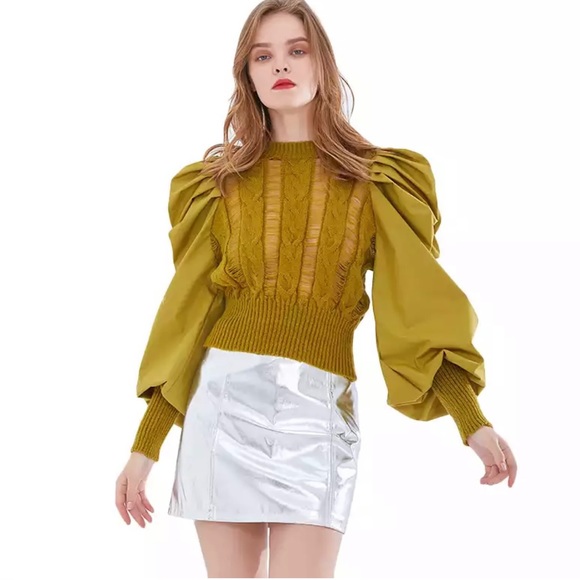 New Bishop Puff Sleeves Distress Crew neck Black color Pull on Sweater - Picture 5 of 12